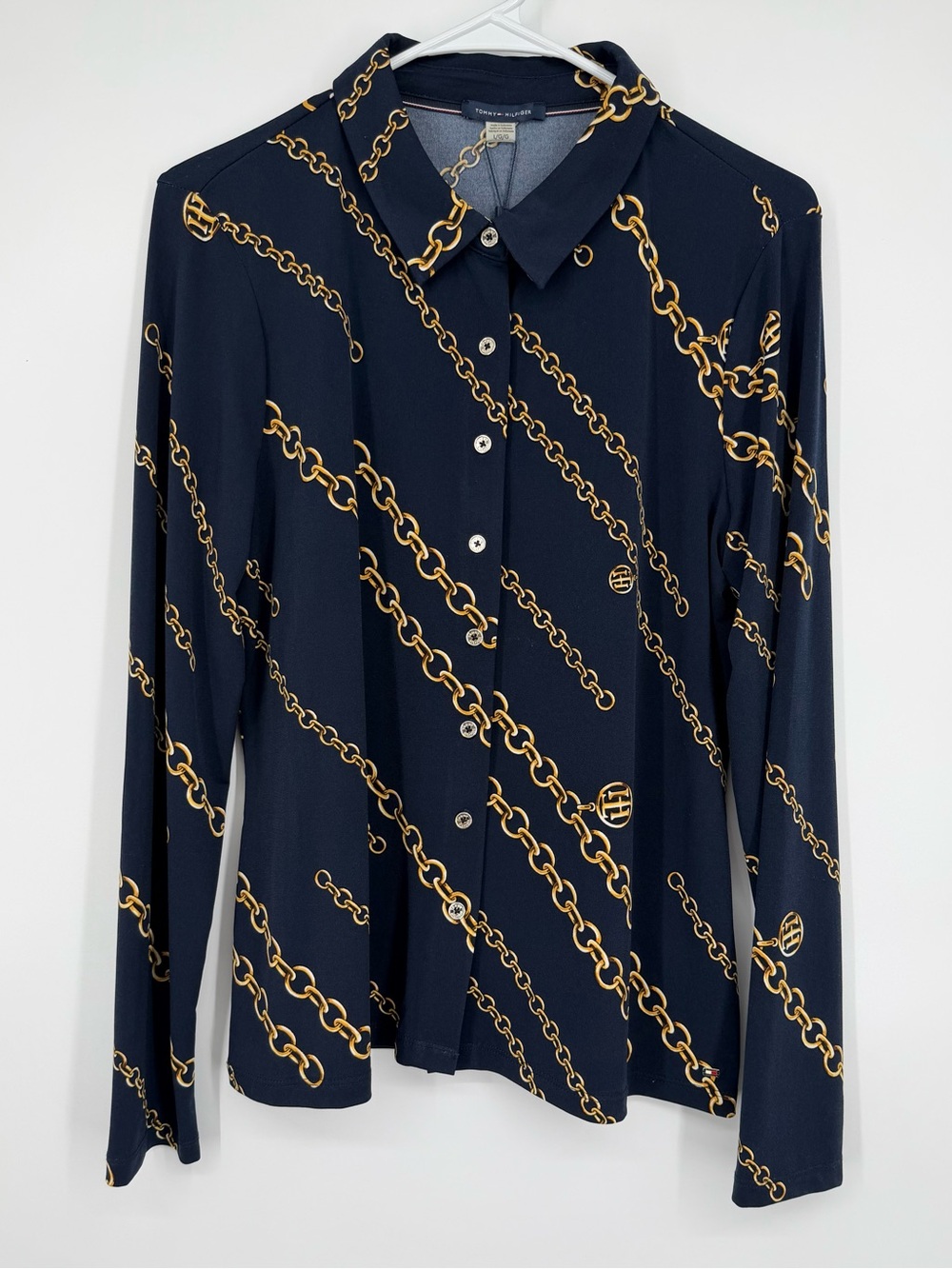 Tommy Hilfiger navy blue logo chain blouse Large L
